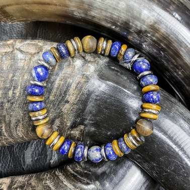 Bracelet pierre naturelle oeil de tigre, lapis lazuli avec les disques en acier