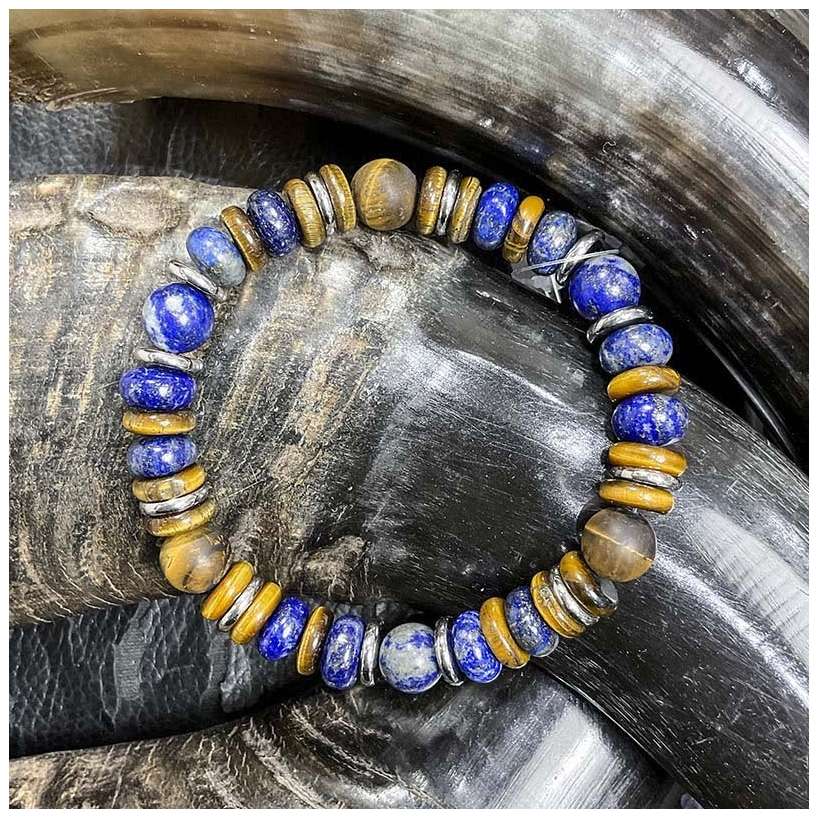 Bracelet pierre naturelle oeil de tigre, lapis lazuli avec les disques en acier