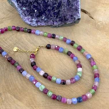 Collier en pierre naturelle - jade multicolore et acier inoxydable doré